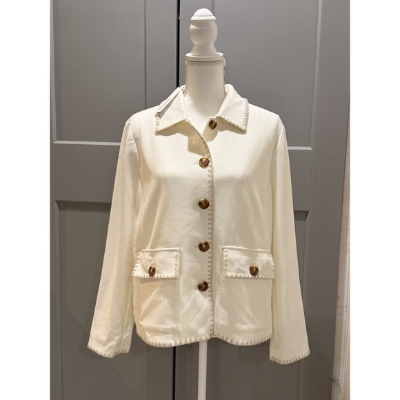 Chico's Beautiful Lined Knit Shacket With Blanket Stitched Border L 2 ECRU Tan - Picture 2 of 11